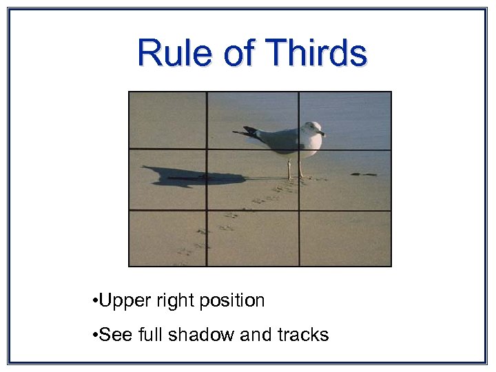 Rule of Thirds • Upper right position • See full shadow and tracks 