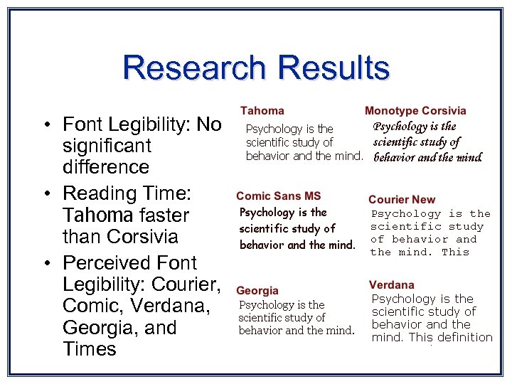 Research Results • Font Legibility: No significant difference • Reading Time: Tahoma faster than