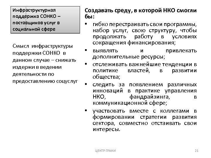 Создавать среду, в которой НКО смогли бы: • гибко перестраивать свои программы, набор услуг,