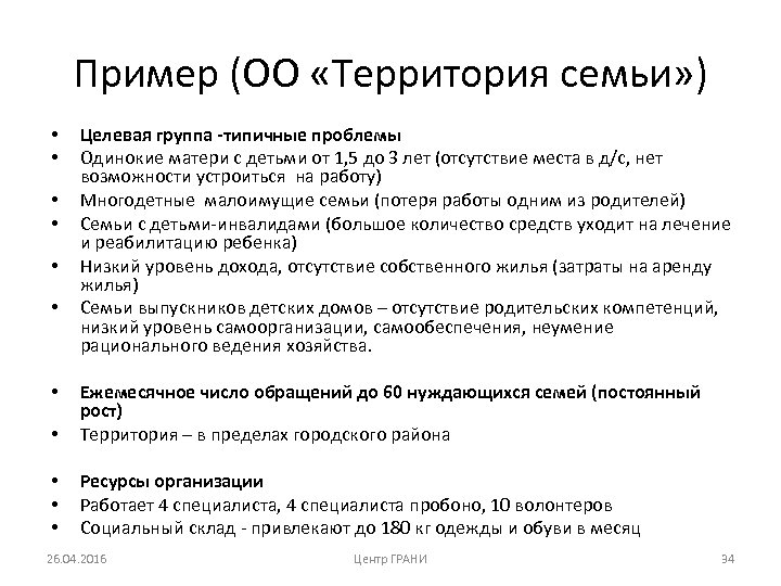 Пример (ОО «Территория семьи» ) • • • Целевая группа -типичные проблемы Одинокие матери
