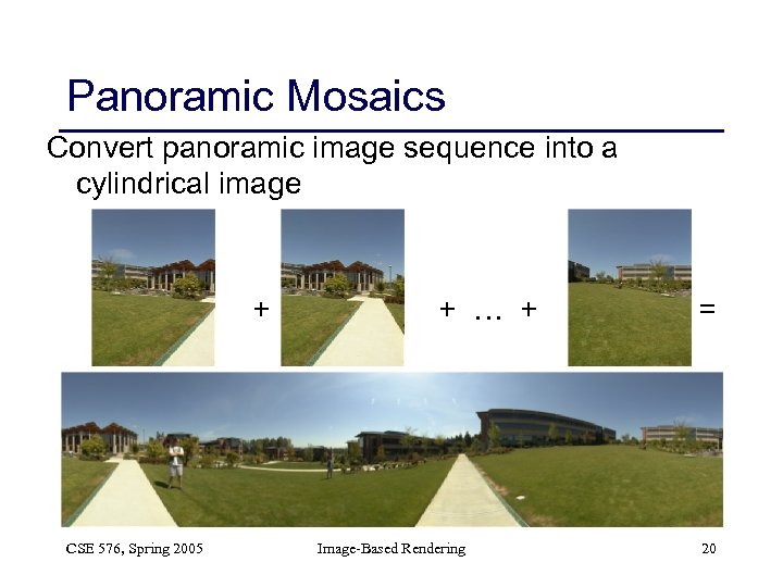 Panoramic Mosaics Convert panoramic image sequence into a cylindrical image + … + CSE