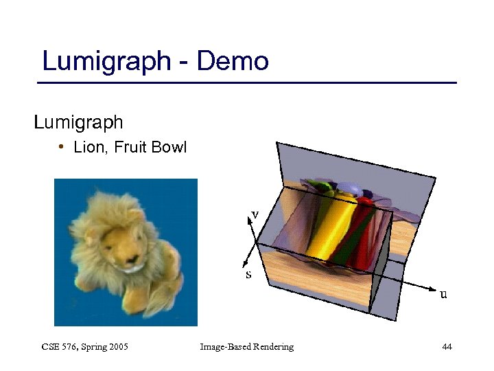 Lumigraph - Demo Lumigraph • Lion, Fruit Bowl CSE 576, Spring 2005 Image-Based Rendering