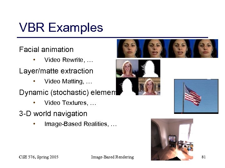 VBR Examples Facial animation • Video Rewrite, … Layer/matte extraction • Video Matting, …