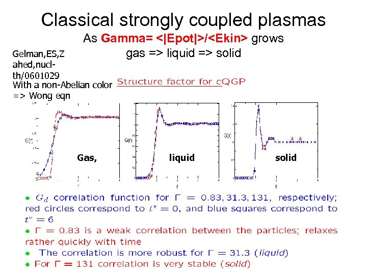 Classical strongly coupled plasmas As Gamma= <|Epot|>/<Ekin> grows gas => liquid => solid Gelman,