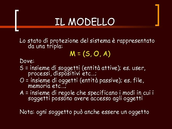 IL MODELLO Lo stato di protezione del sistema è rappresentato da una tripla: M