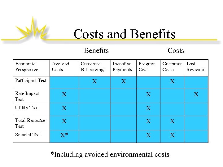 Costs and Benefits Economic Perspective Avoided Costs Participant Test Customer Bill Savings X Costs