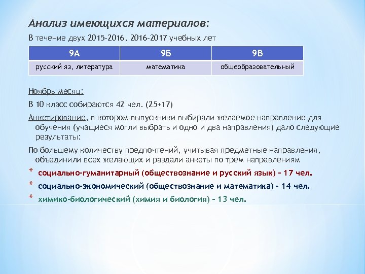 Анализ имеющихся материалов: В течение двух 2015 -2016, 2016 -2017 учебных лет 9 А