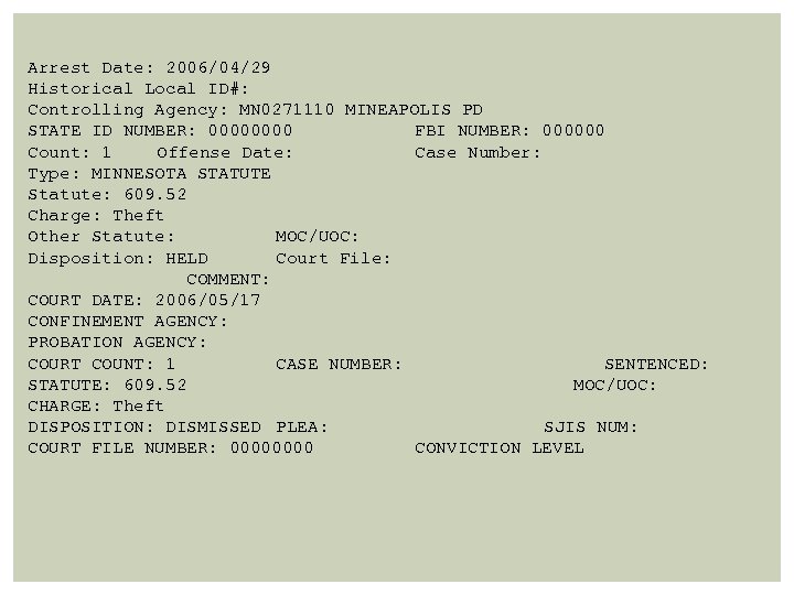 Arrest Date: 2006/04/29 Historical Local ID#: Controlling Agency: MN 0271110 MINEAPOLIS PD STATE ID