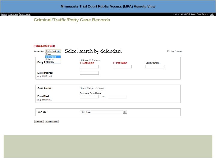 Select search by defendant 