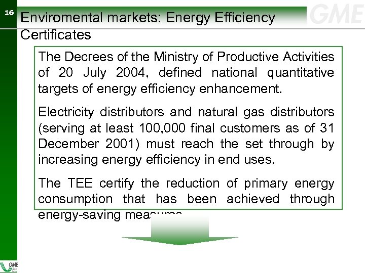 16 16 Enviromental markets: Energy Efficiency Certificates The Decrees of the Ministry of Productive