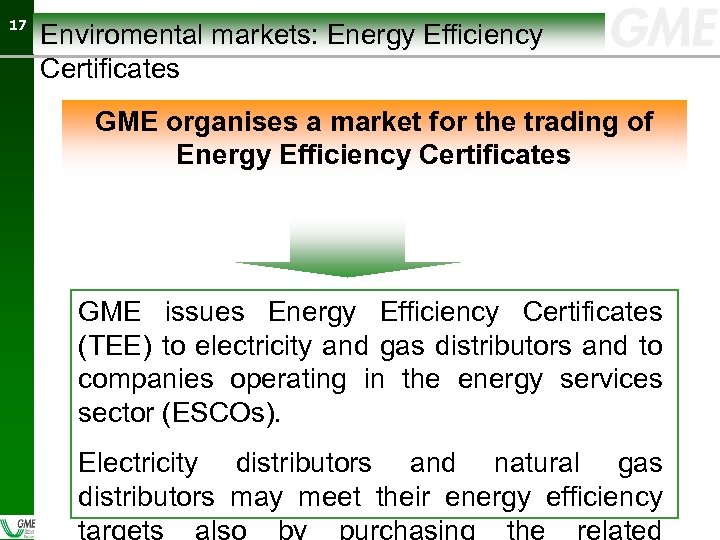 17 17 Enviromental markets: Energy Efficiency Certificates GME organises a market for the trading