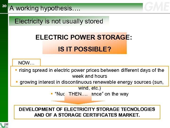 20 20 A working hypothesis…. Electricity is not usually stored ELECTRIC POWER STORAGE: IS