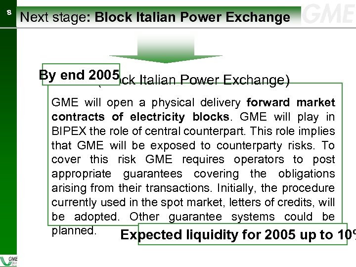 88 Next stage: Block Italian Power Exchange By end 2005 BIPEX (Block Italian Power