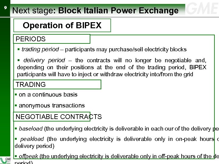 99 Next stage: Block Italian Power Exchange Operation of BIPEX PERIODS § trading period