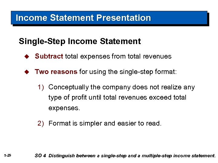 Income Statement Presentation Single-Step Income Statement u Subtract total expenses from total revenues u