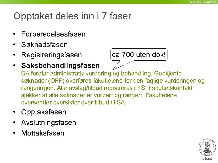 Mat. Nat-Fakultetet Opptaket deles inn i 7 faser • • Forberedelsesfasen Søknadsfasen Registreringsfasen Saksbehandlingsfasen