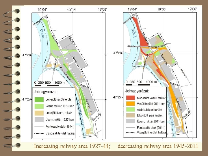 Increasing railway area 1927 -44; decreasing railway area 1945 -2011 