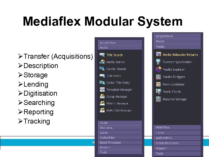 Mediaflex Modular System ØTransfer (Acquisitions) ØDescription ØStorage ØLending ØDigitisation ØSearching ØReporting ØTracking 25 