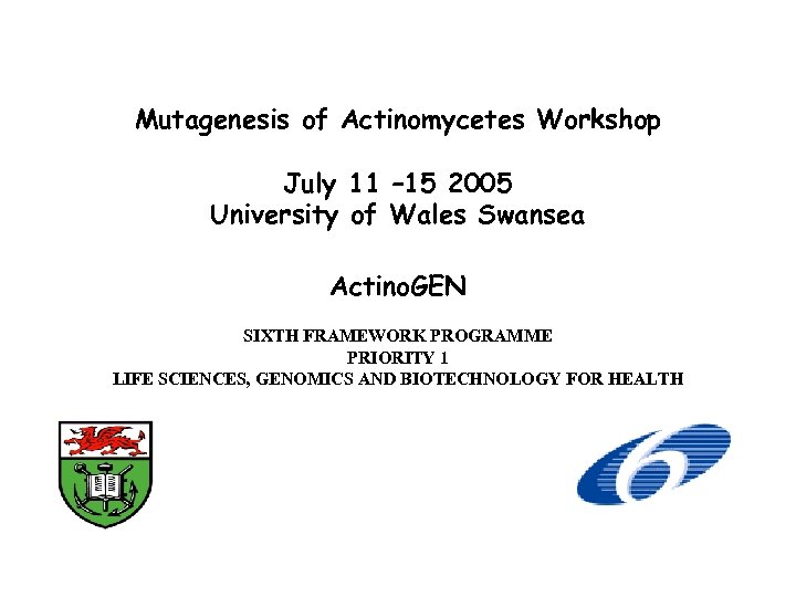  Mutagenesis of Actinomycetes Workshop July 11 – 15 2005 University of Wales Swansea