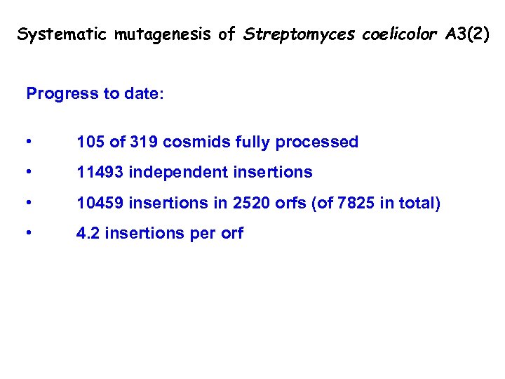 Systematic mutagenesis of Streptomyces coelicolor A 3(2) Progress to date: • 105 of 319