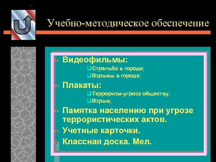 Учебно-методическое обеспечение Видеофильмы: q Стрельба в городе; q Взрывы в городе; Плакаты: q Терроризм-угроза