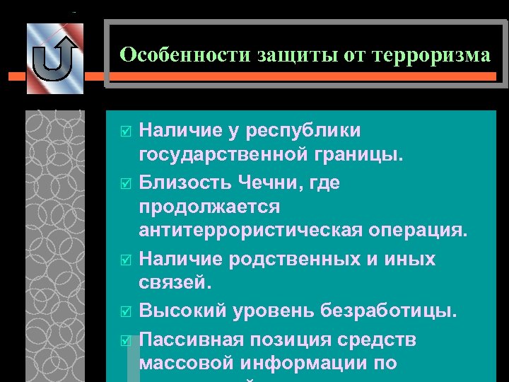 Особенности защиты от терроризма þ þ þ Наличие у республики государственной границы. Близость Чечни,