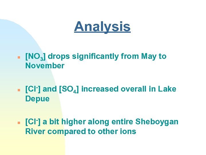 Analysis n n n [NO 3] drops significantly from May to November [Cl-] and