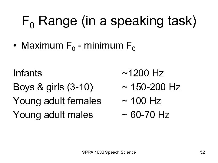 F 0 Range (in a speaking task) • Maximum F 0 - minimum F
