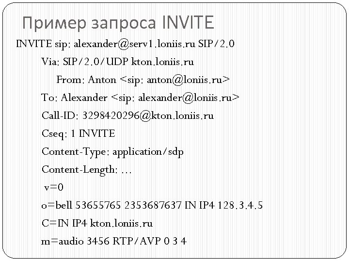 Пример запроса INVITE sip: alexander@serv 1. loniis. ru SIP/2. 0 Via: SIP/2. 0/UDP kton.