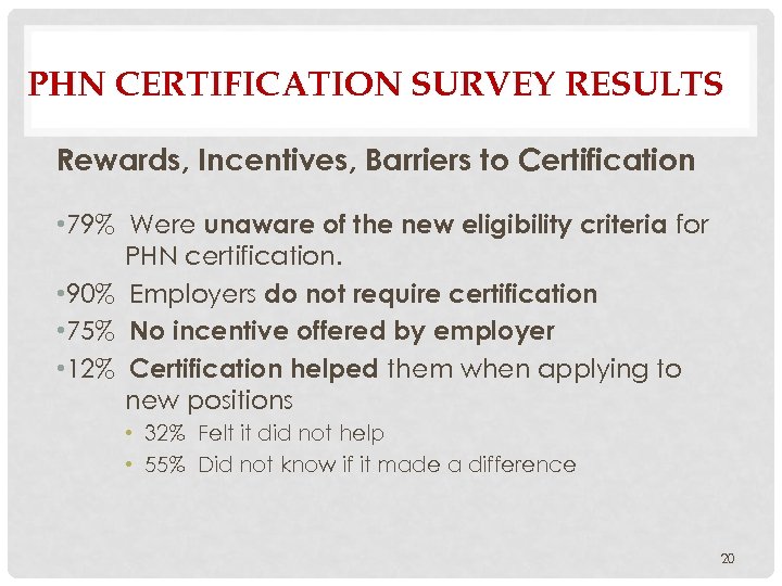 PHN CERTIFICATION SURVEY RESULTS Rewards, Incentives, Barriers to Certification • 79% Were unaware of