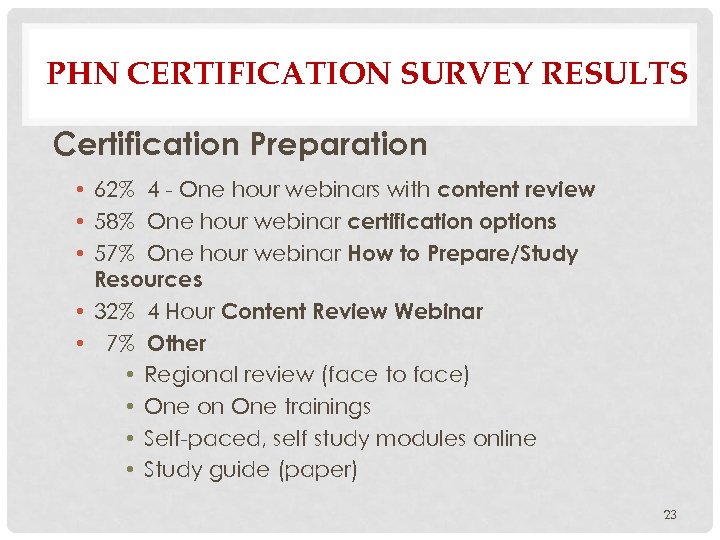 PHN CERTIFICATION SURVEY RESULTS Certification Preparation • 62% 4 - One hour webinars with