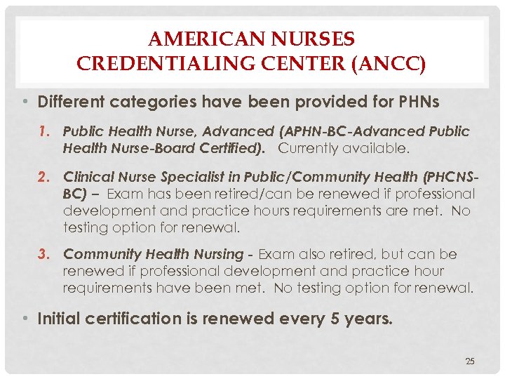 AMERICAN NURSES CREDENTIALING CENTER (ANCC) • Different categories have been provided for PHNs 1.