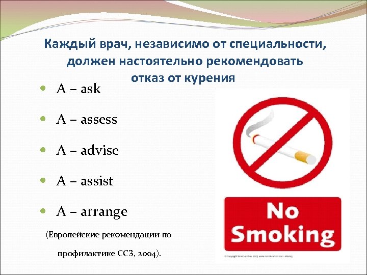 Каждый врач, независимо от специальности, должен настоятельно рекомендовать отказ от курения А – ask