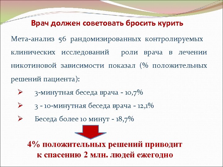 Врач должен советовать бросить курить Мета-анализ 56 рандомизированных контролируемых клинических исследований роли врача в