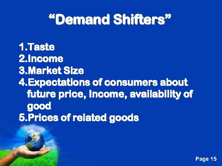 “Demand Shifters” 1. Taste 2. Income 3. Market Size 4. Expectations of consumers about