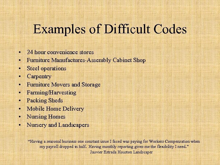 Examples of Difficult Codes • • • 24 hour convenience stores Furniture Manufactures-Assembly Cabinet