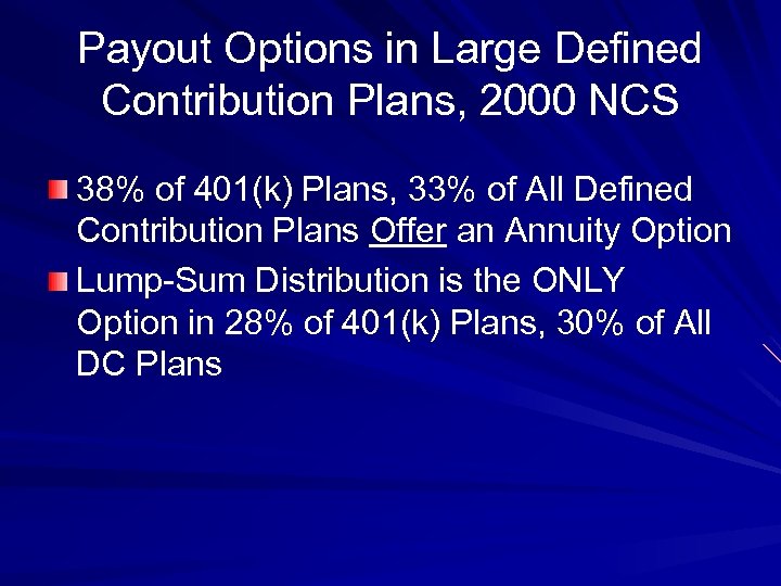 Payout Options in Large Defined Contribution Plans, 2000 NCS 38% of 401(k) Plans, 33%