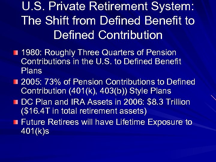 U. S. Private Retirement System: The Shift from Defined Benefit to Defined Contribution 1980: