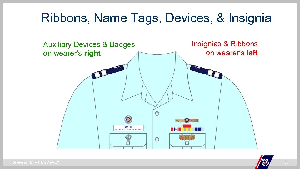 Ribbons, Name Tags, Devices, & Insignias & Ribbons on wearer’s left Auxiliary Devices &