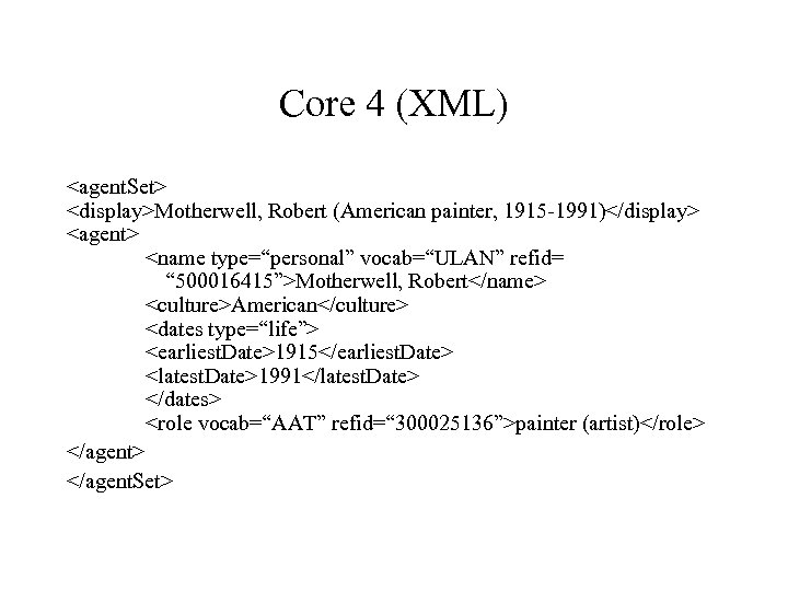 Core 4 (XML) <agent. Set> <display>Motherwell, Robert (American painter, 1915 -1991)</display> <agent> <name type=“personal”