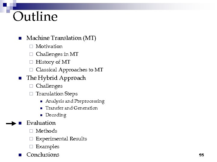 Outline n Machine Translation (MT) Motivation ¨ Challenges in MT ¨ History of MT