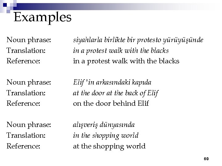 Examples Noun phrase: Translation: Reference: siyahlarla birlikte bir protesto yürüyüşünde in a protest walk