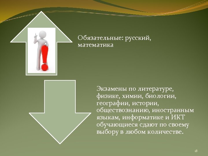 Обязательные: русский, математика Экзамены по литературе, физике, химии, биологии, географии, истории, обществознанию, иностранным языкам,