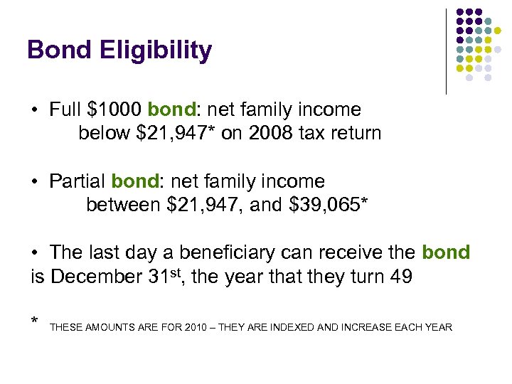 Bond Eligibility • Full $1000 bond: net family income below $21, 947* on 2008