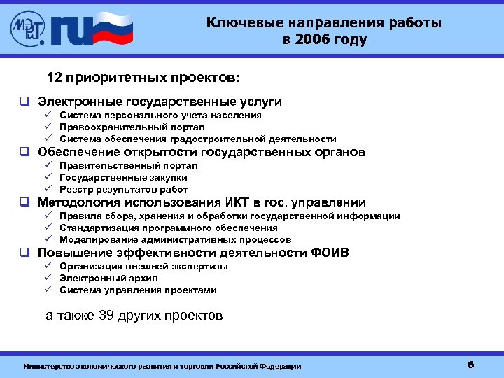 Ключевые направления работы в 2006 году 12 приоритетных проектов: q Электронные государственные услуги ü