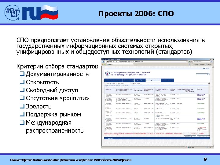 Проекты 2006: СПО предполагает установление обязательности использования в государственных информационных системах открытых, унифицированных и