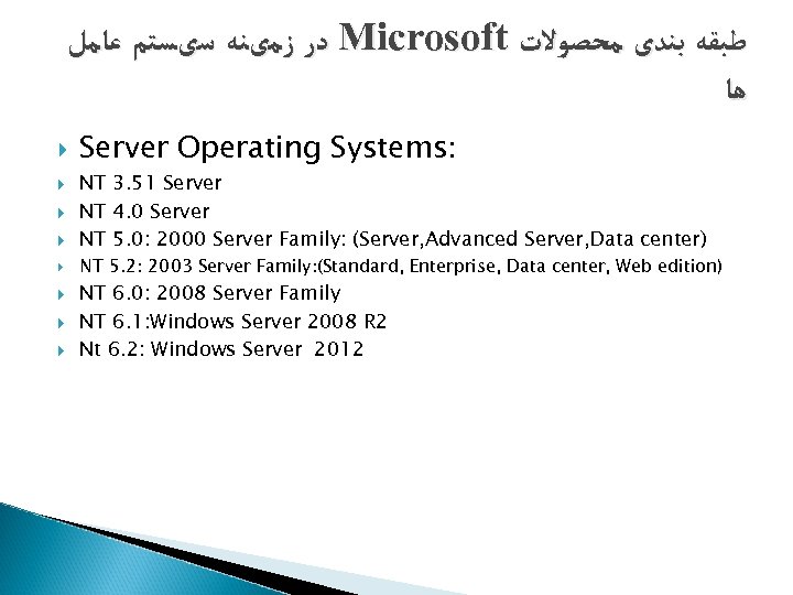  ﺩﺭ ﺯﻣیﻨﻪ ﺳیﺴﺘﻢ ﻋﺎﻣﻞ Microsoft ﻃﺒﻘﻪ ﺑﻨﺪی ﻣﺤﺼﻮﻻﺕ ﻫﺎ Server Operating Systems: NT