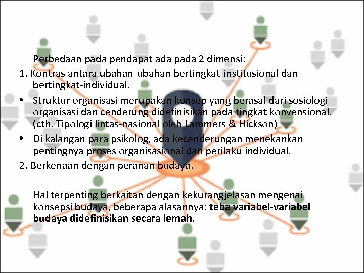 Perbedaan pada pendapat ada pada 2 dimensi: 1. Kontras antara ubahan-ubahan bertingkat-institusional dan bertingkat-individual.