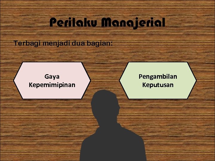 Perilaku Manajerial Terbagi menjadi dua bagian: Gaya Kepemimipinan Pengambilan Keputusan 