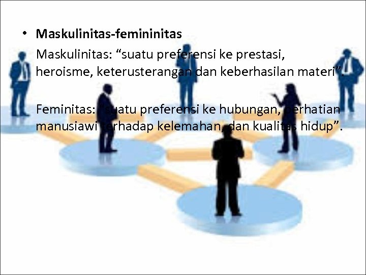  • Maskulinitas-femininitas Maskulinitas: “suatu preferensi ke prestasi, heroisme, keterusterangan dan keberhasilan materi”. Feminitas:
